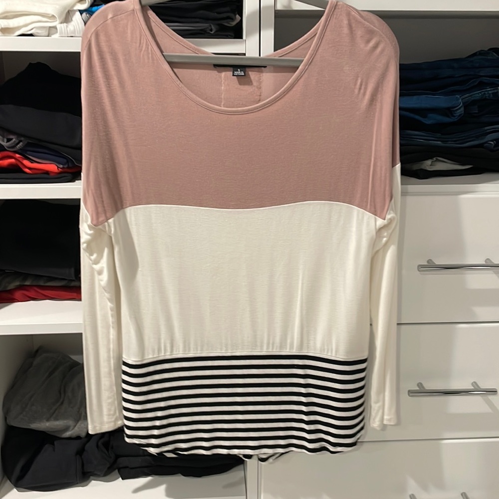 Mauve, white and black stripe top